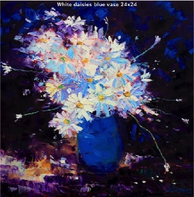 White daisies blue vase 24x24  SOLD